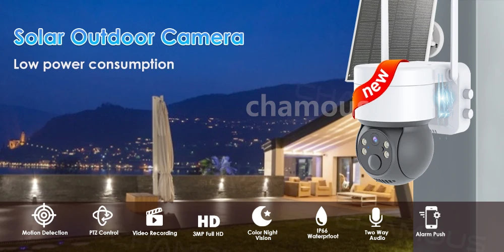 CHAMOUS 2.5K 4MP WiFi Wireless Outdoor IP Camera, Outdoor camera with WiFi, solar panel, low power consumption, and motion detection features.