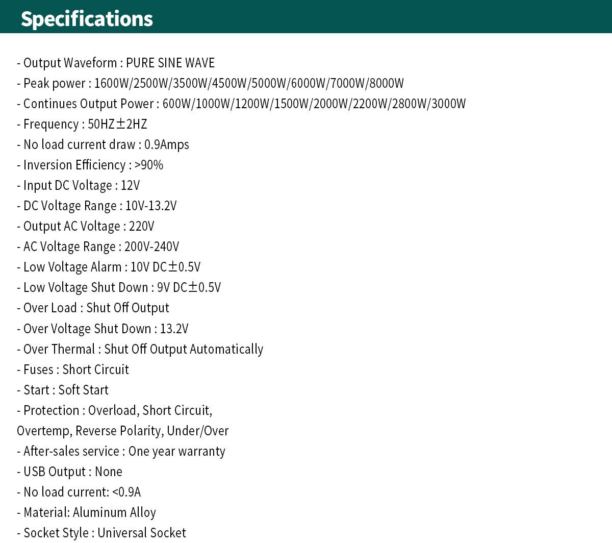 Solar inverter converts DC power from solar panels to pure sine wave AC, suitable for universal use.