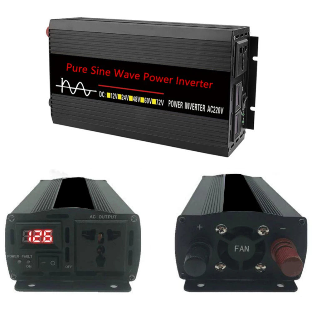 Pure Sine Wave Inverter, DC-DC power inverter converts 12V DC to 220V AC with 50Hz frequency, ideal for solar and car use.