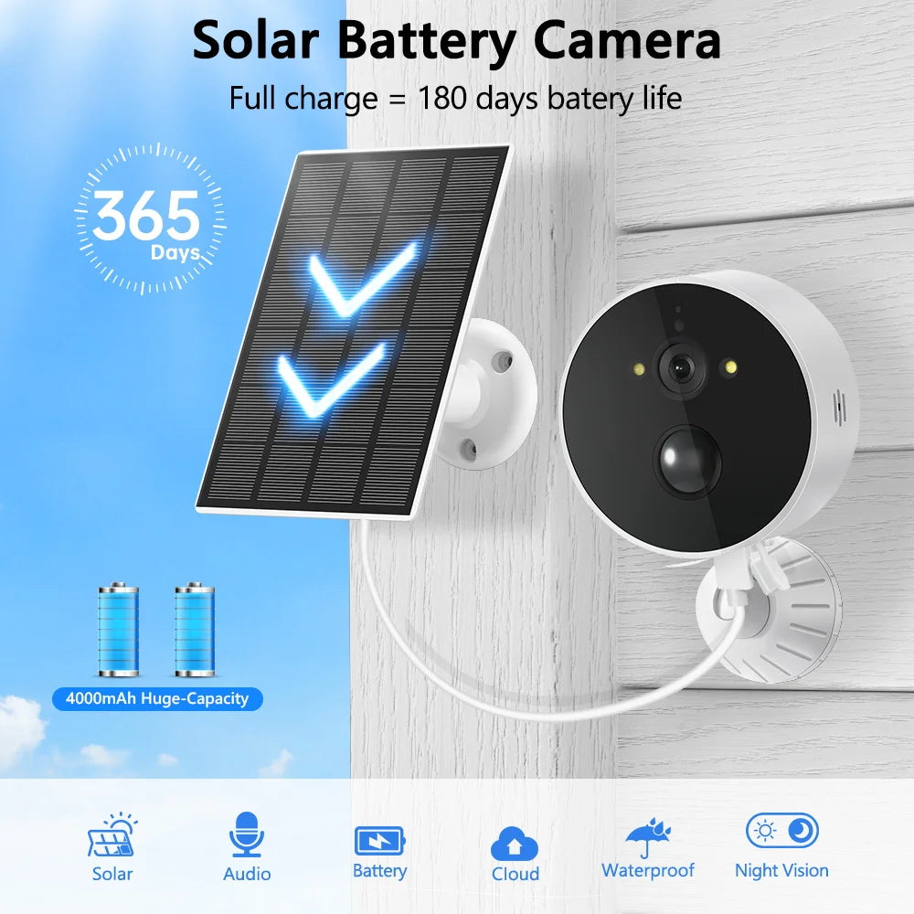 Wireless Solar Camera, Solar-powered camera battery with huge capacity and long-lasting power, perfect for outdoor use.