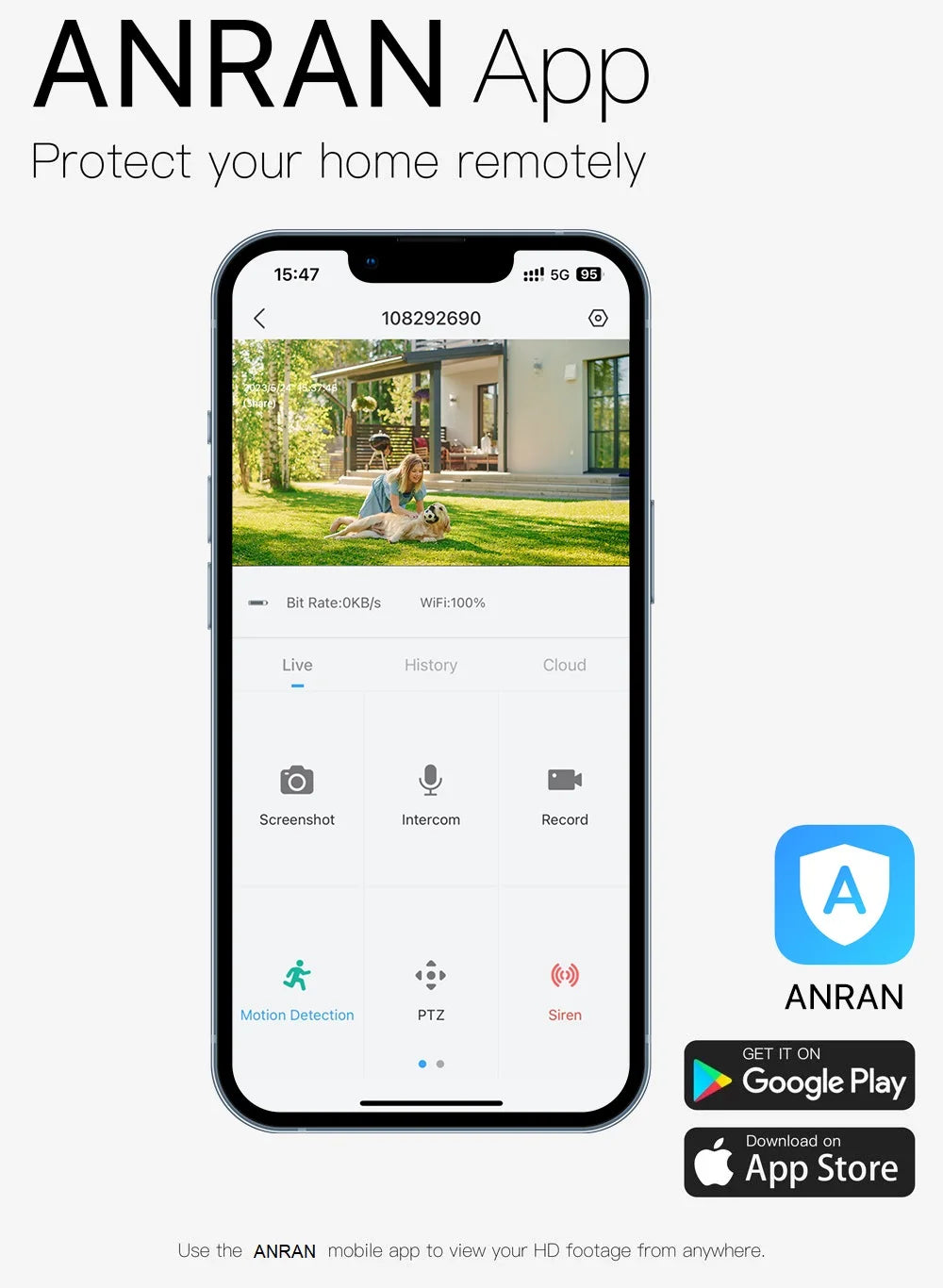 ANRAN 3MP Battery Camera, Monitor home remotely with ANRAN app: live HD footage, screenshots, intercom recordings, and motion alerts.