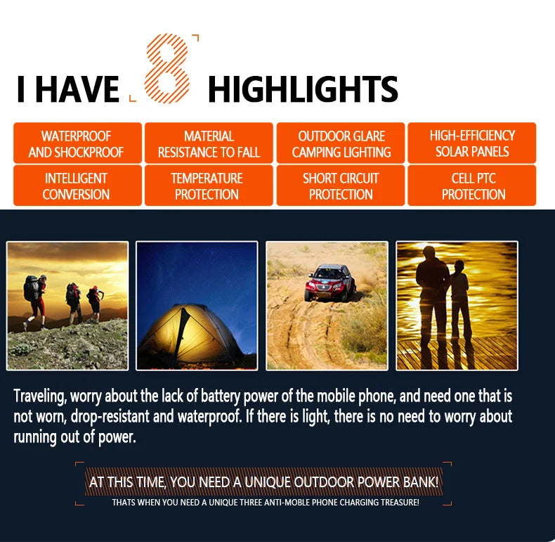 Waterproof solar power bank for on-the-go charging.