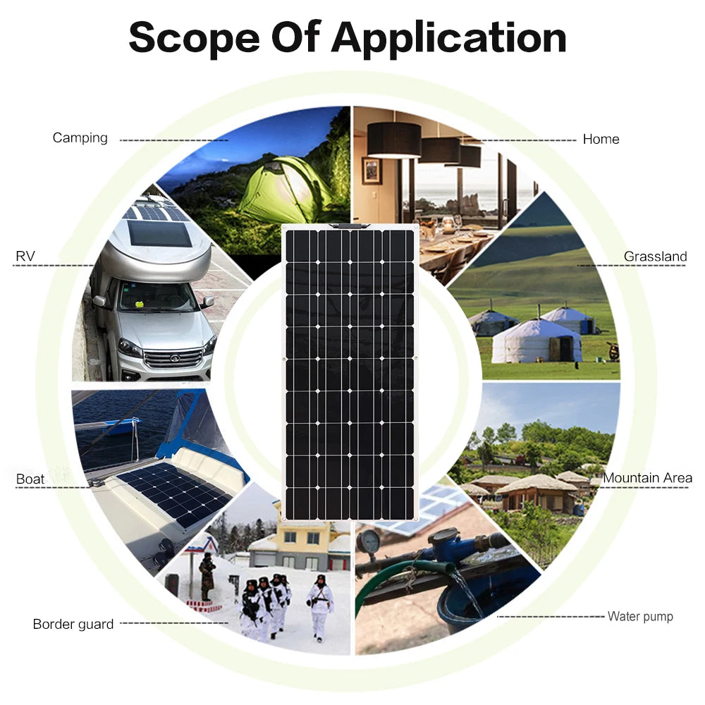 12v solar panel, Portable, versatile power source suitable for various outdoor settings and applications.