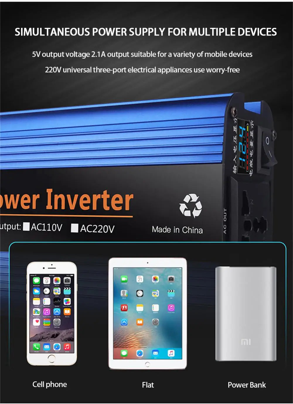 Inverter, Multi-device charger with 2.1A output and dual USB ports for phones, tablets, and more.