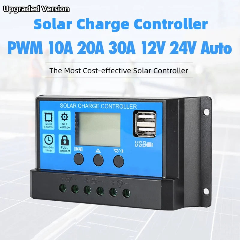 Upgraded Smart Solar Charge Controller, Smart solar charger controller with upgraded features: auto PWM, LCD display, USB ports, and overcharge protection.