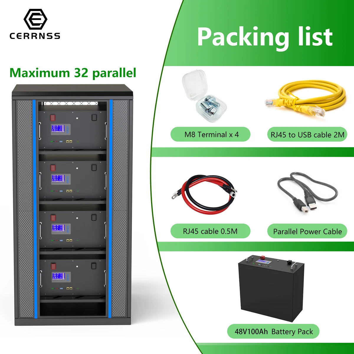 Battery packaging includes cables and connectors for charging and connecting to systems.