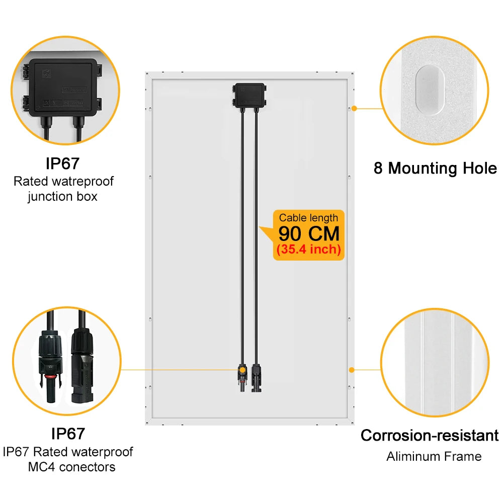 Dokio 18V 100W Rigid Solar Panel, Water-resistant solar panel with aluminum frame, MC4 connectors, and long cable length.