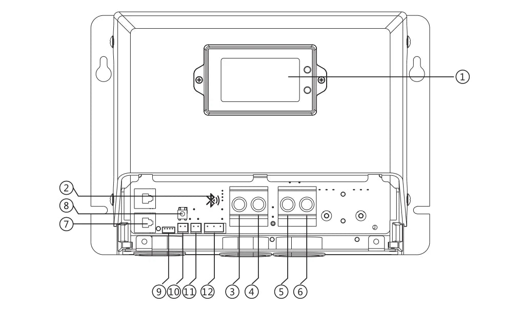 Communication device with Bluetooth, RS485, and relay functions, suitable for solar panel monitoring and control.