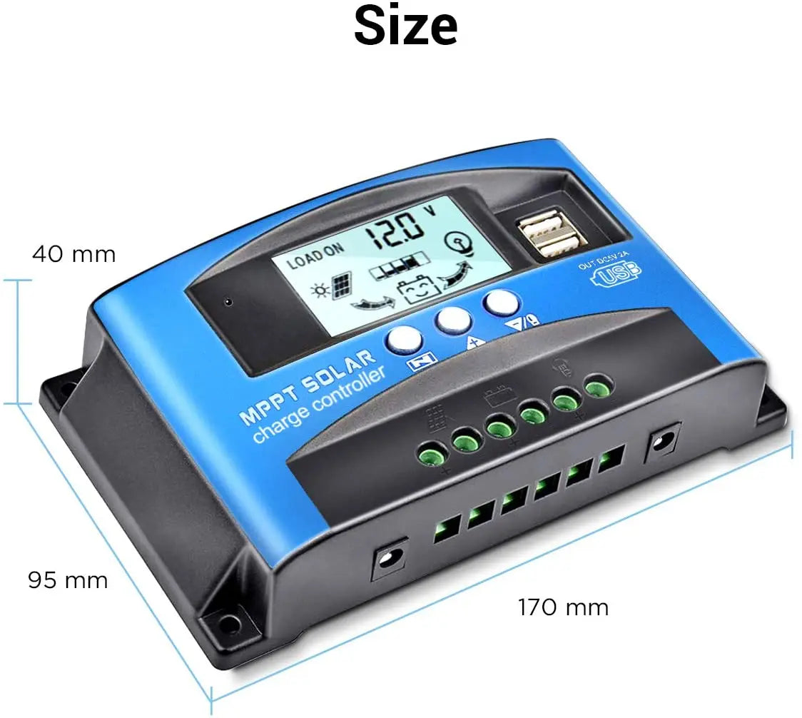 PowMr Solar MPPT 100A charge controller with dual USB and LCD display, suitable for solar systems.