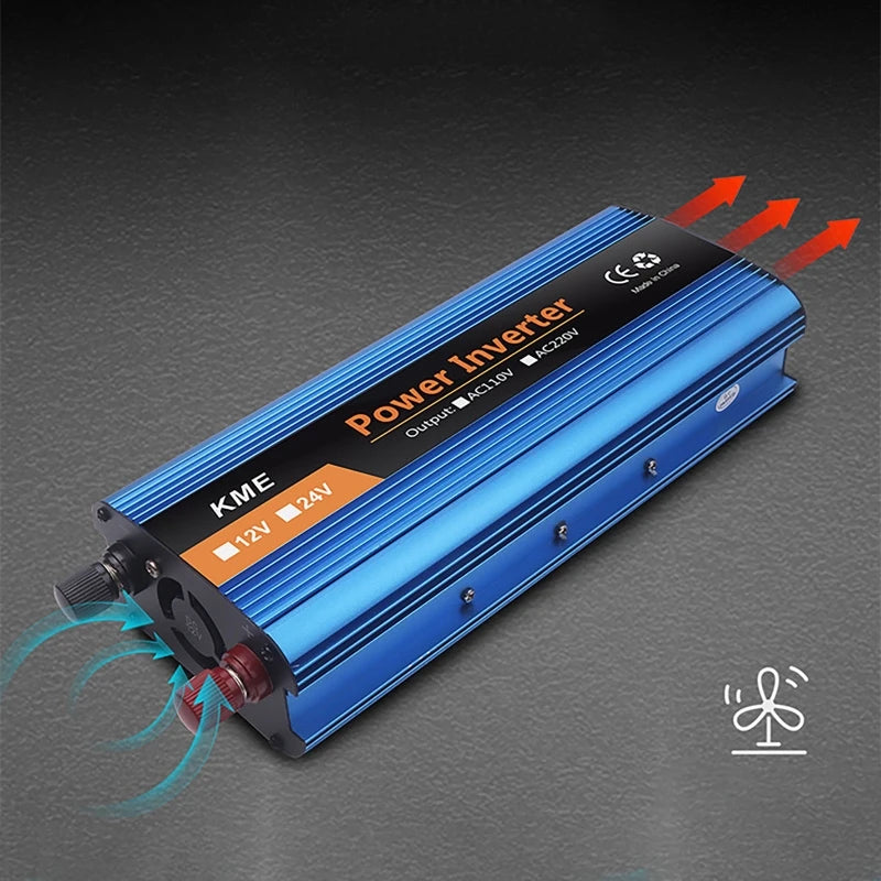 Inverter converts DC power from solar, cars, or homes to AC 220V for use in various applications.