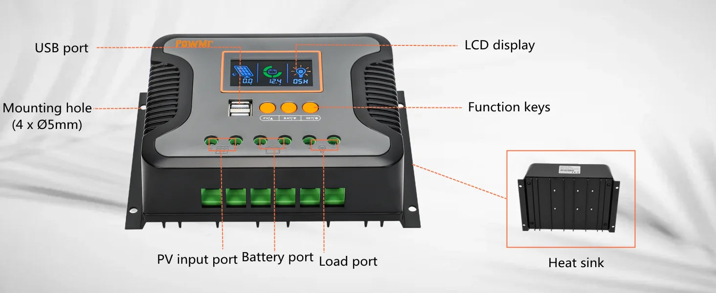 PowMr PWM 80A 60A 30A Solar Charge Controller, Built-in backlight LCD screen displays charging data, including current, energy, temp, voltage, and error codes.