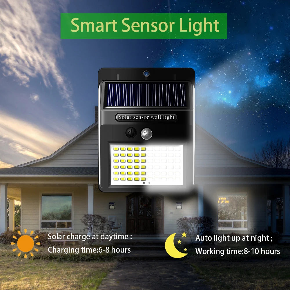 228 144 LED Solar Light, Solar-powered smart sensor light charges during the day and illuminates at night.