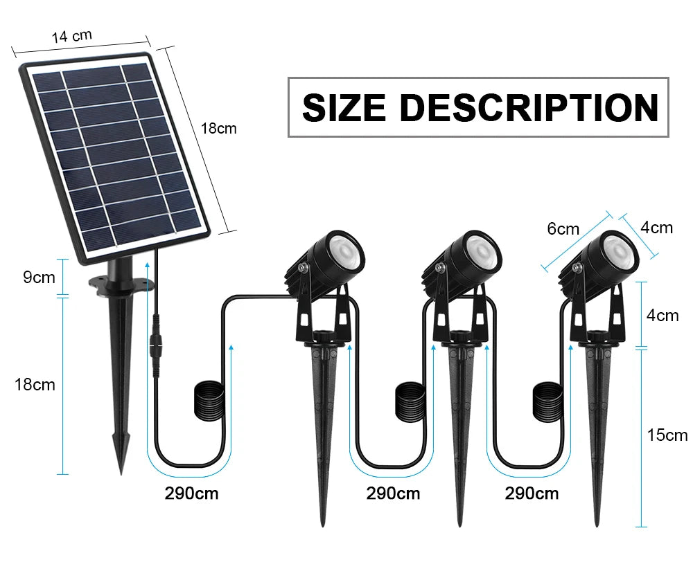 1 TO 4 RGB Outdoor Solar Landscape Light, Measures approximately 14cm, with dimensions 18cm x 4cm x 9cm, weighing around 290g.