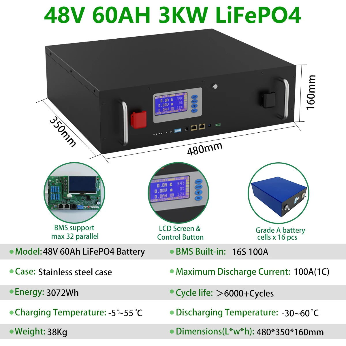 LiFePO4 48V 3KW Battery, High-quality LiFePO4 battery pack with built-in BMS, LCD screen, and stainless steel case.