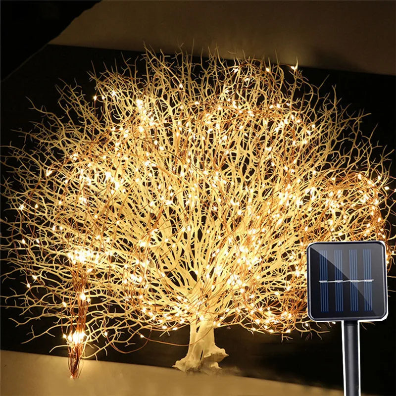 Outdoors Solar Copper String Light, Solar-powered fairy light with modern design, Ni-MH solar cell, IP65 waterproof, and LED bulbs.