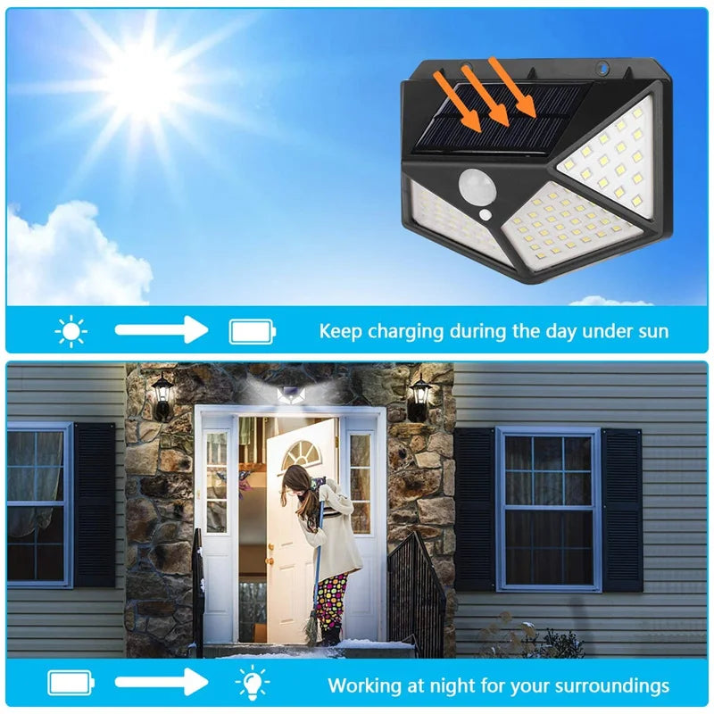 100 LED Solar Light, Charges by day, illuminates at night, perfect for outdoor use in gardens and pathways.