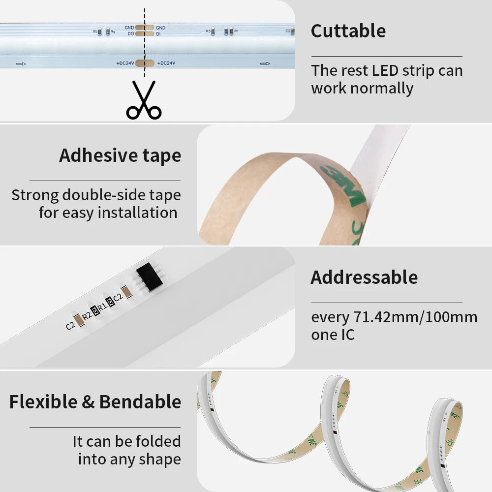 Addressable LED strip with flexible design and strong adhesive for easy installation, perfect for room decor.