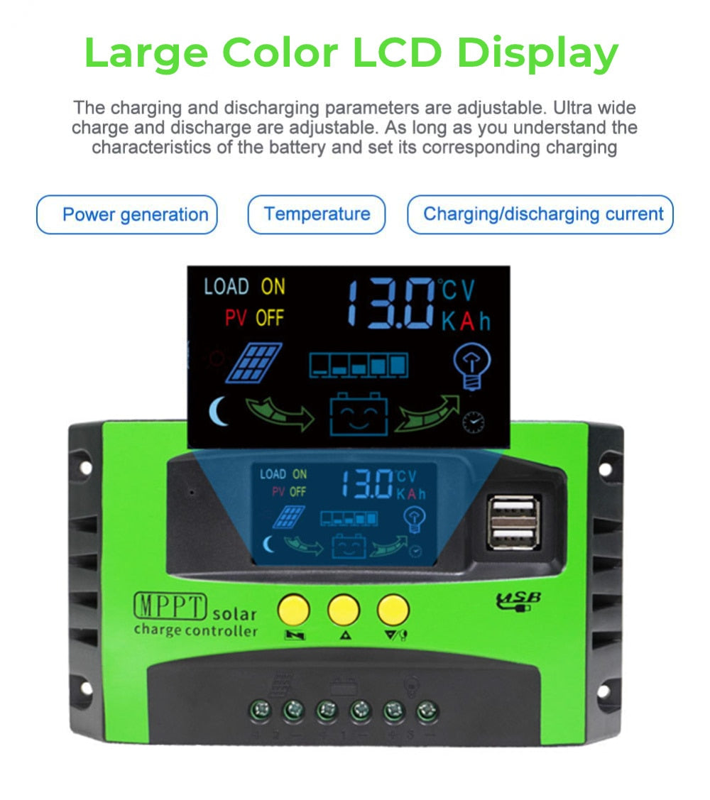 Nouveauté 12V 24V Auto MPPT contrôleur de Charge solaire 10A 20A 30A panneau solaire régulateur PV couleur LCD affichage 5V double USB