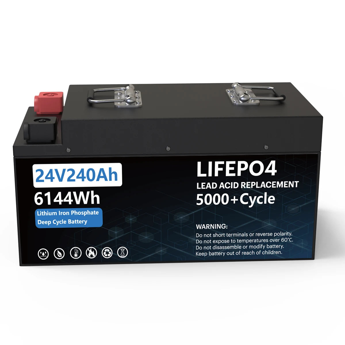 LiFePO4 24V 200AH Battery, Lithium iron phosphate deep cycle battery with cautionary warnings on use.