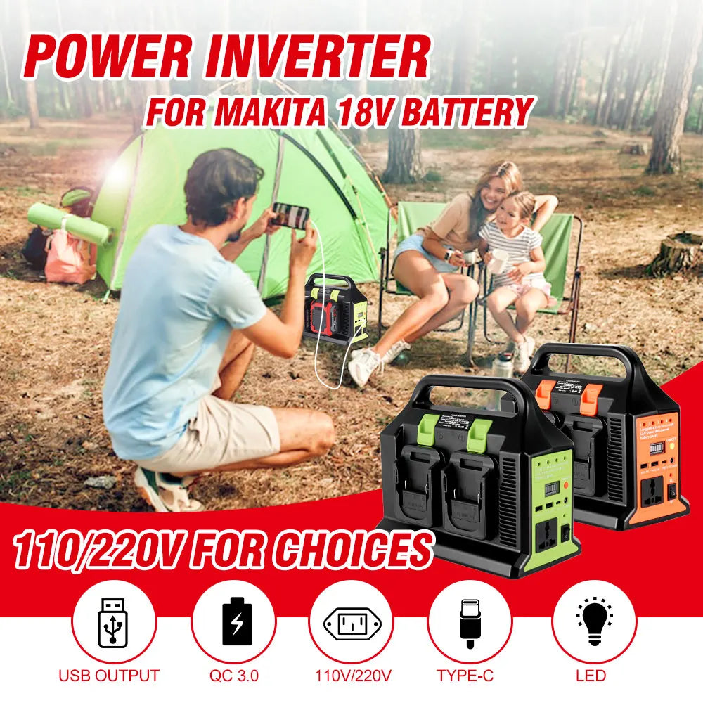 ONEVAN 300W Sine Wave Inverter, Powerful inverter for Makita 18V battery converts DC to AC, features USB outputs and LED lights.