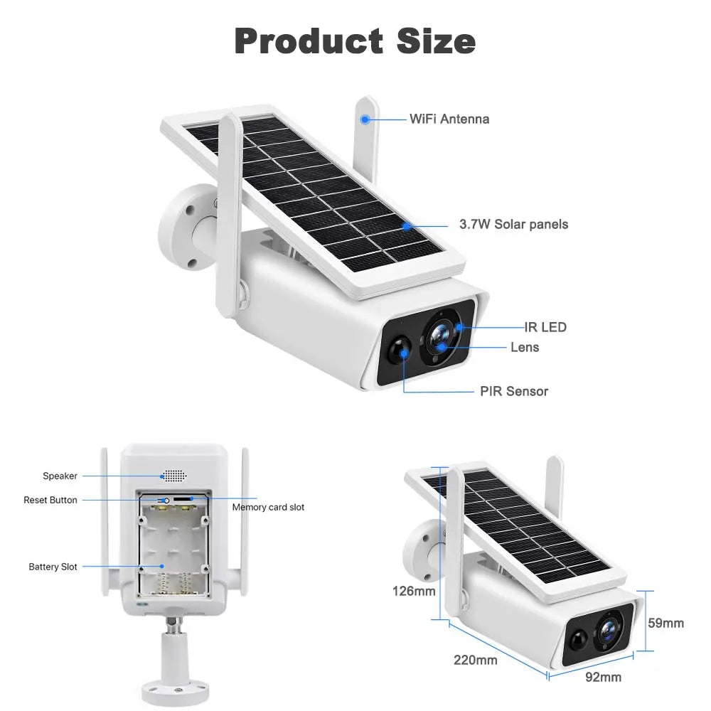 FRDMAX XM49S 4MP Solar Camera, Wireless surveillance camera features: Wi-Fi, solar, IR LED, motion detection, audio, and storage slots.