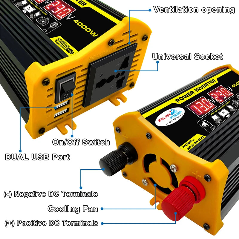 Peak 4000W Power Inverter, Powerful inverter for solar panels, electric cars, and converters, featuring dual USB ports and cooling system.