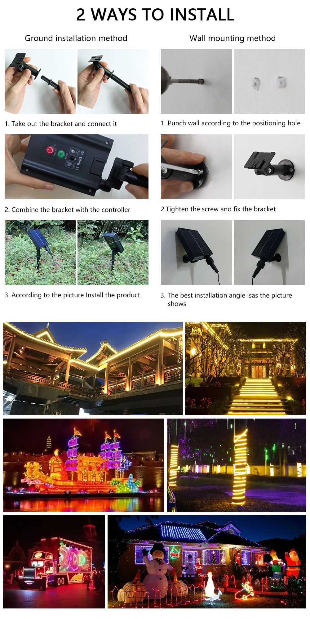 5M/10M Solar LED Strip Light, Solar LED Strip Light 8 Modes Christmas Color