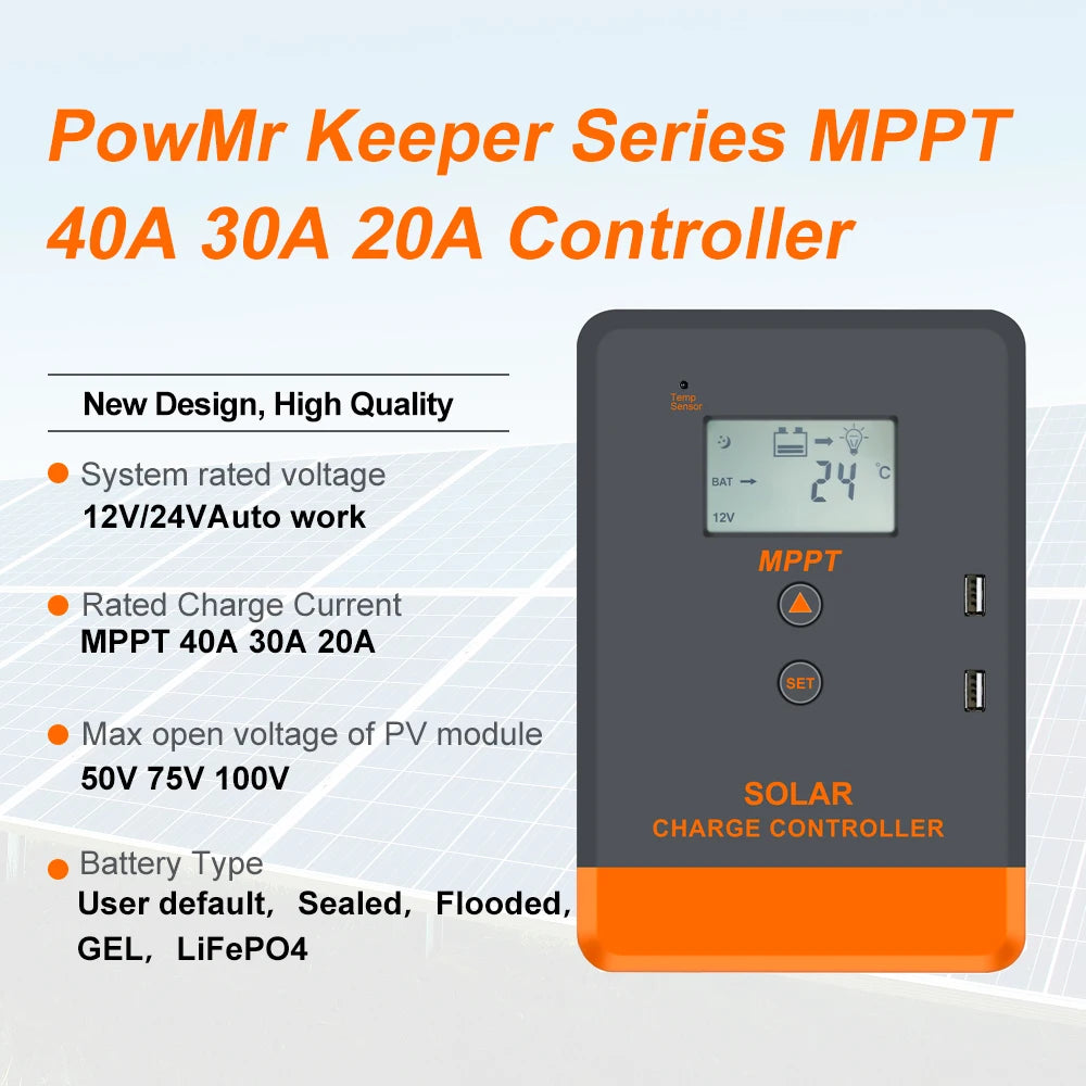 PowMr MPPT 20A 30A 40A Solar Charger Controller, MPPT solar charger controller with high-quality sensors for charging sealed/flooded/GEL/LiFePO4 batteries.