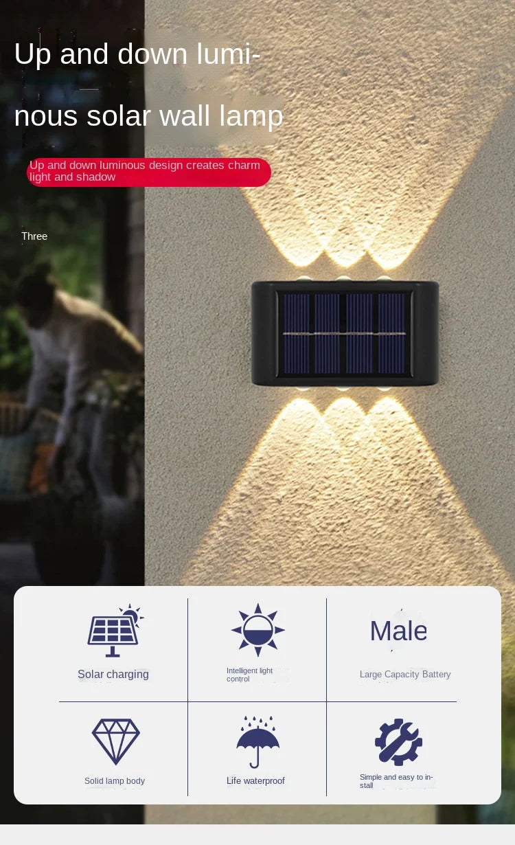 Outdoor Solar Garden Light, Solar-powered wall lamp with unique design, charging via solar panels and featuring waterproof and easy installation.