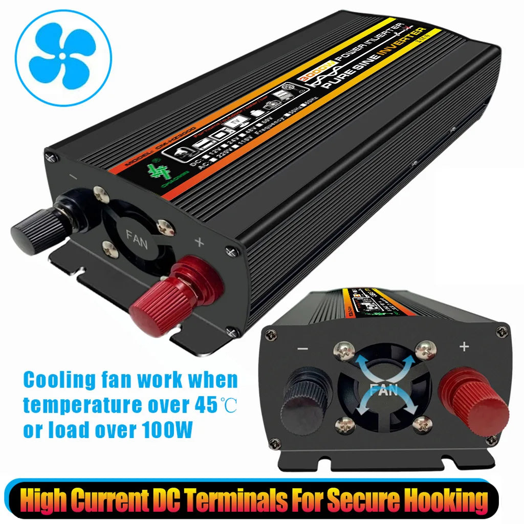 3000W/4000W Pure Sine Wave Inverter, Inverter with cooling fan and high-current DC terminals for secure connection.