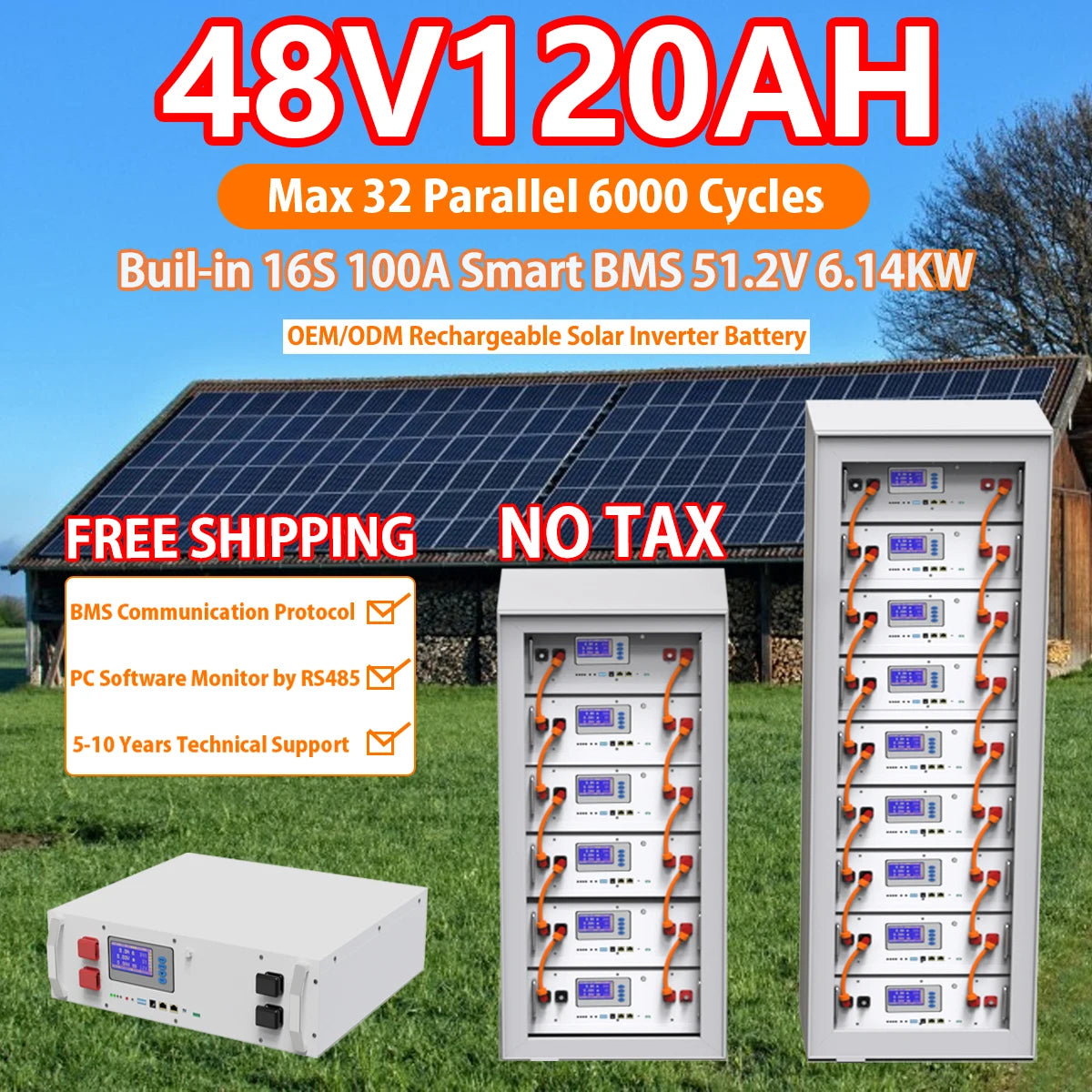 48V 120Ah LiFePO4 Battery, 48V battery pack with built-in BMS, solar inverter compatible, up to 32 parallel connections.