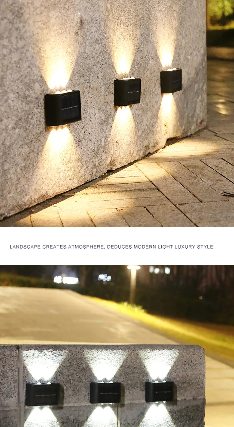 Solar-powered lamp with sleek design and warm LED lights for a modern outdoor ambiance.