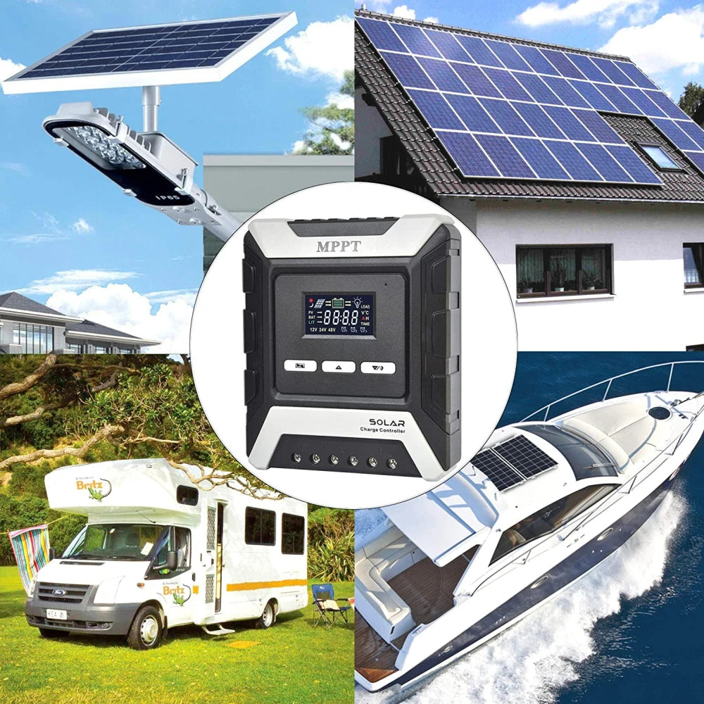MPPT Solar Charge Controller, Product specifications: floating charging voltage, constant charging, battery type, operating conditions, and product size.