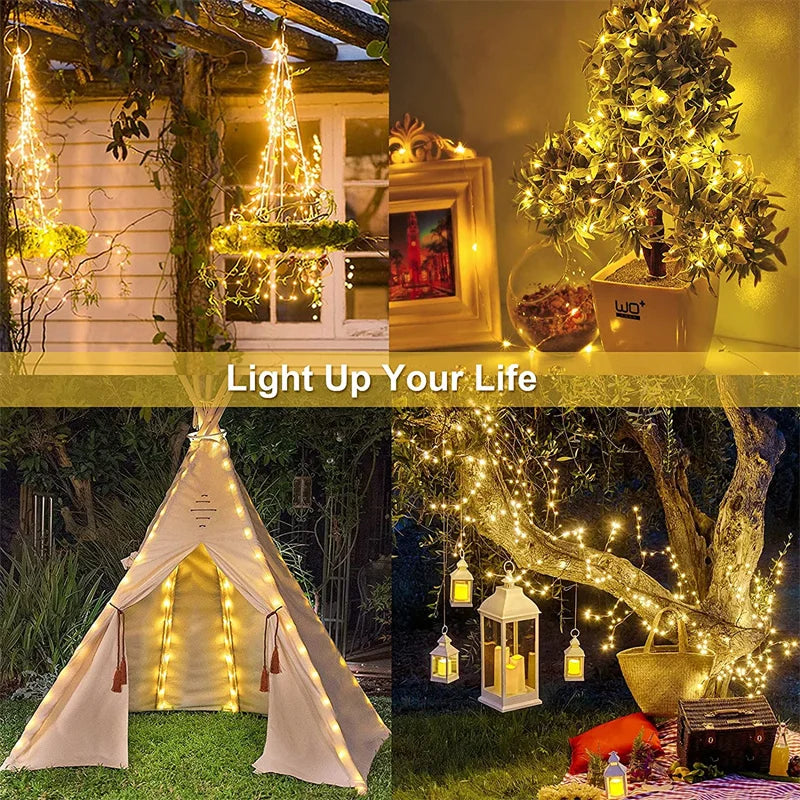 LED Solar Light, Waterproof outdoor fairy string light with copper wire and 8 modes, powered by solar energy.