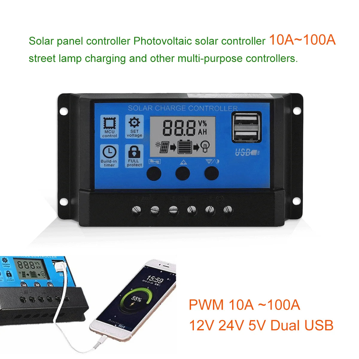 Professional Solar Panel Controller, Solar panel controller with built-in protection, PWM control, and dual USB ports for regulating charging.