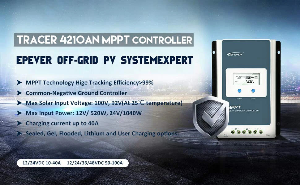 EPEVER's MPPT solar regulator efficiently tracks solar input, handling up to 520W at 12V and supporting various battery types.