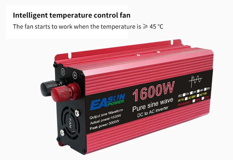 Temperature-controlled fan with pure sine wave inverter for efficient power output, featuring an LED display.