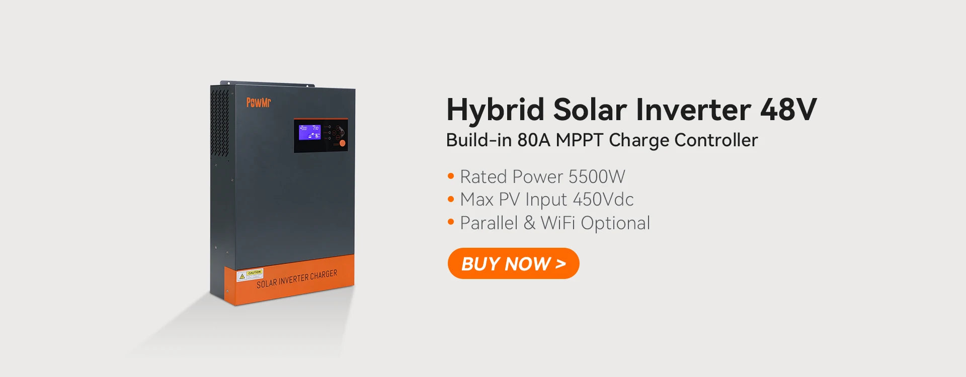 PowMr Grid Tie Inverter, PowMr Hybrid Solar Inverter with MPPT and WiFi connectivity, max power 5.5kW, supports parallel connections up to 450Vdc.