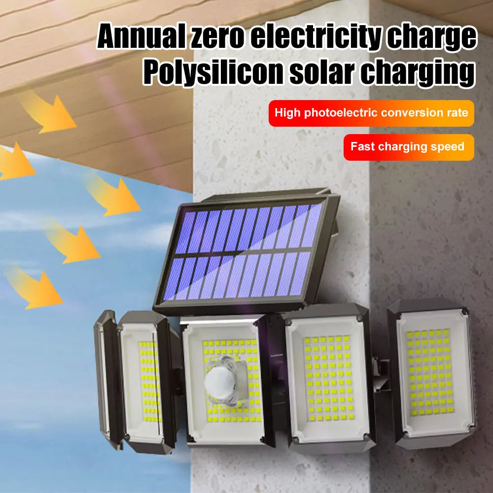 5 Heads 300 LED Solar Light, Fast-charging solar panel with high efficiency and no annual fees.