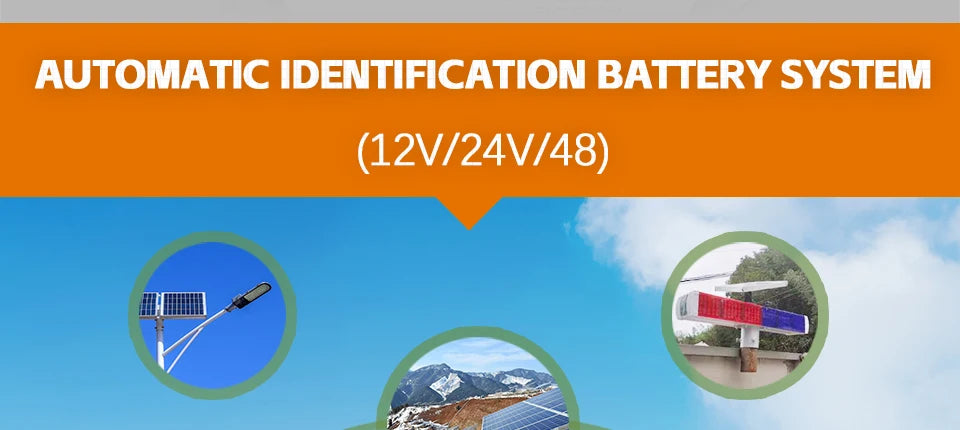 Automatically detects battery systems up to 48V for easy charging and management.