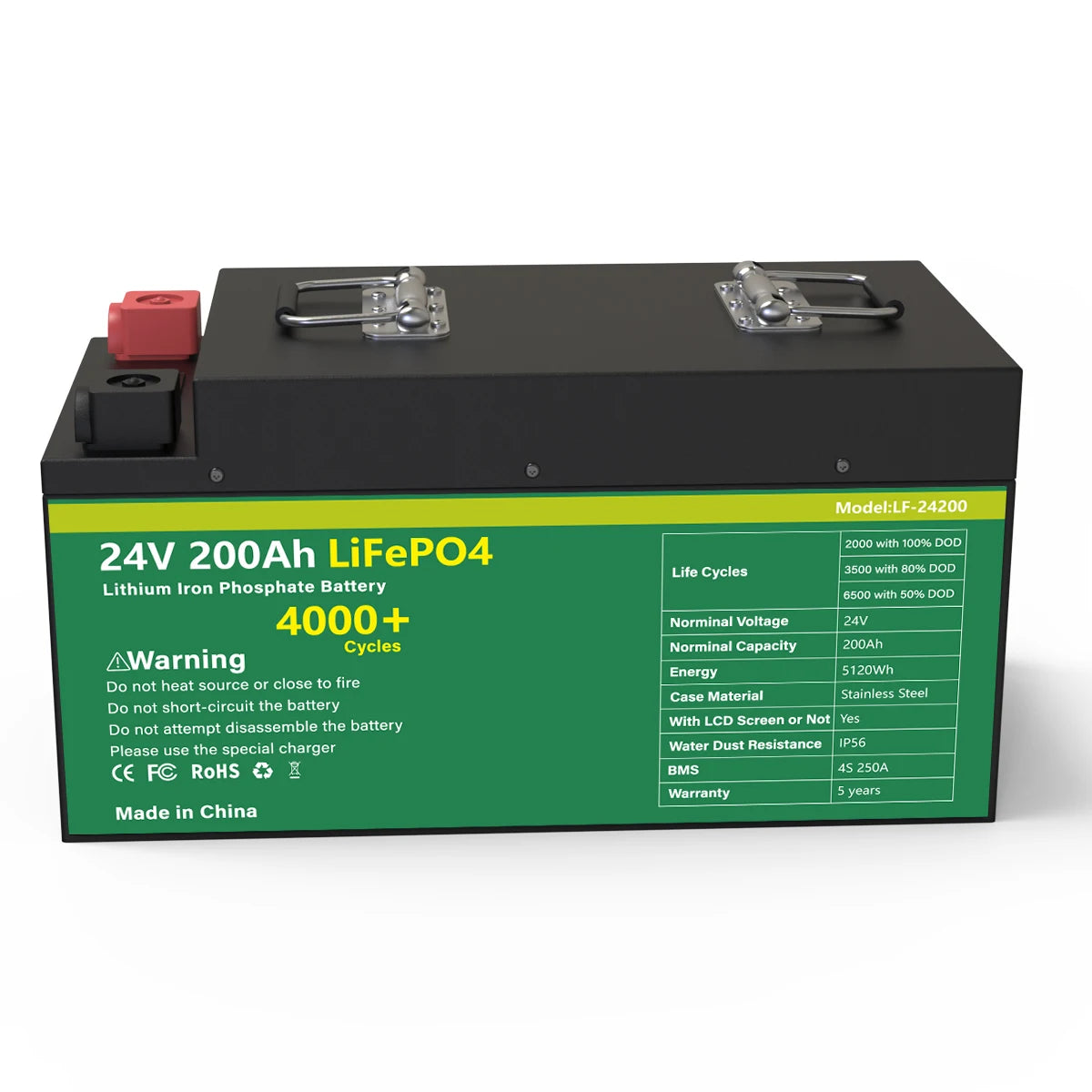 24V 200AH LiFePO4 Battery, 24V, 200Ah LiFePO4 battery pack with 100% DOD and 3500 life cycles.