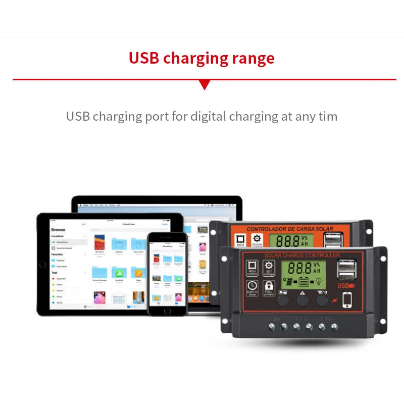 10A 20A 30A PWM Solar Charge Controller, Solar Charge Controller with USB port allows for digital charging anytime, perfect for controlling your solar panel system.