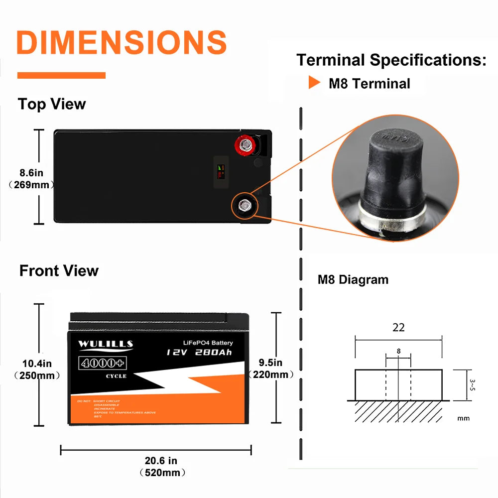 M8 Terminal View Dimensions Diagram: LiFePO4 Battery Measurements
