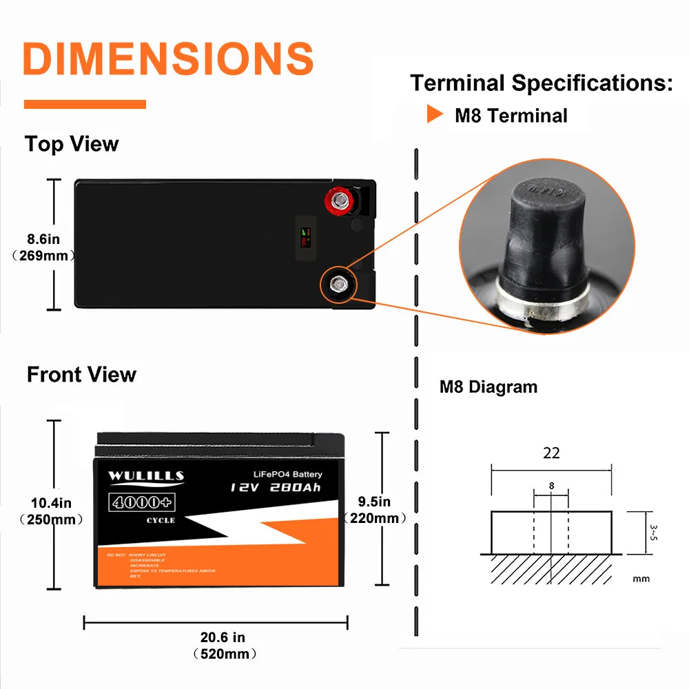 New 12V 280Ah LiFePO4 Battery, Rechargeable lithium iron phosphate battery pack for solar, RV, and boat applications with built-in BMS and tax-free shipping.