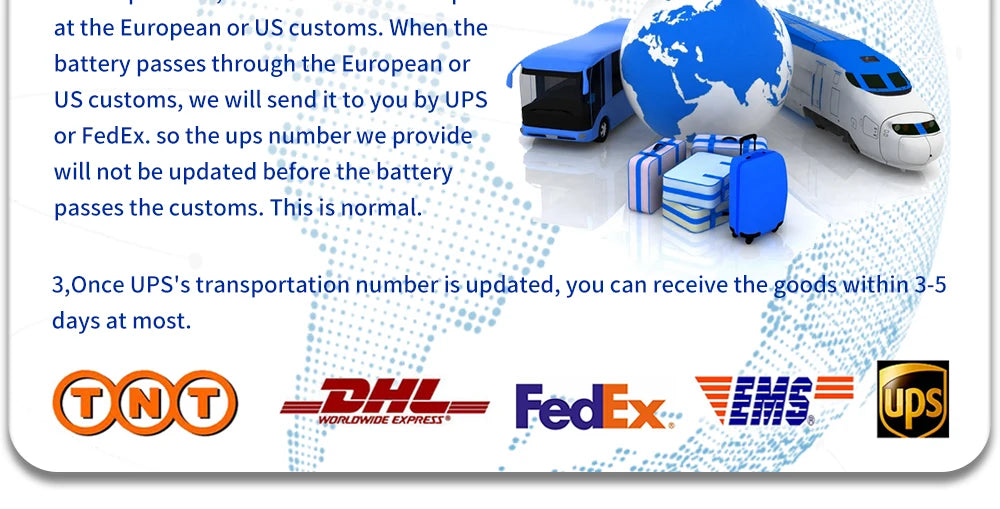 Customs clearance via UPS/FedEx; updated tracking # arrives within 3-5 days.