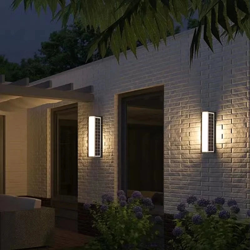 Solar LED Outdoor Wall Light, Solar-powered LED wall lamp with modern style, waterproof and dimmable features.