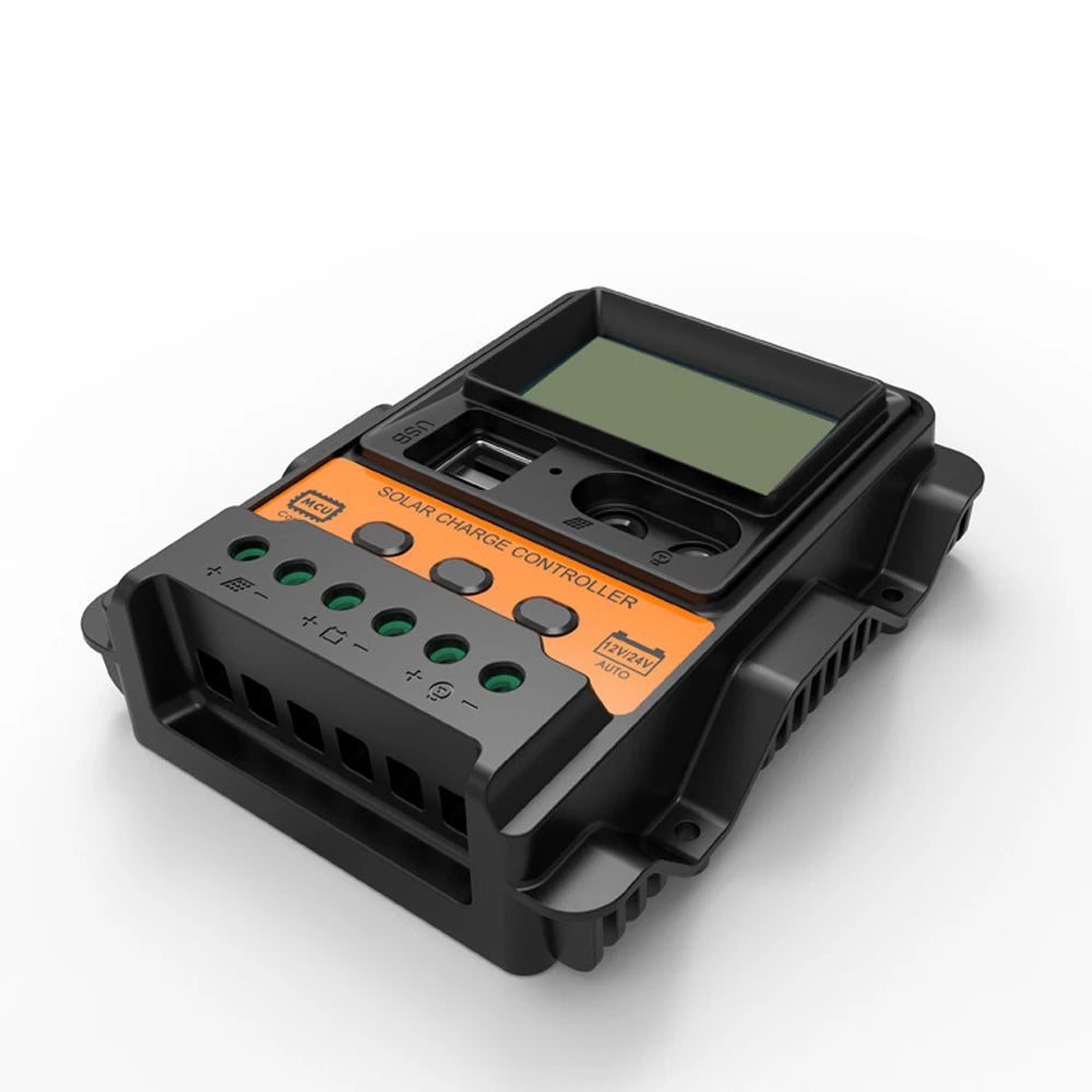 Solar Charge Controller, Charge controller for solar systems with dual USB output and LCD display.