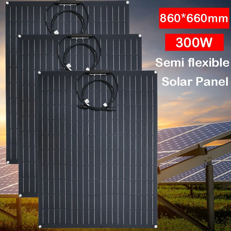 300W Flexible Solar Panel, Large 860x660mm semi-flexible solar panel, producing 300W of power.