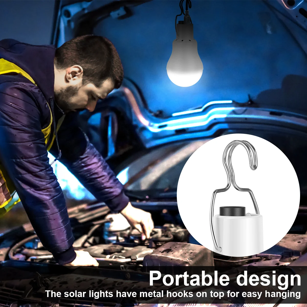 Portable solar lights feature metal hooks for easy hanging or top placement.
