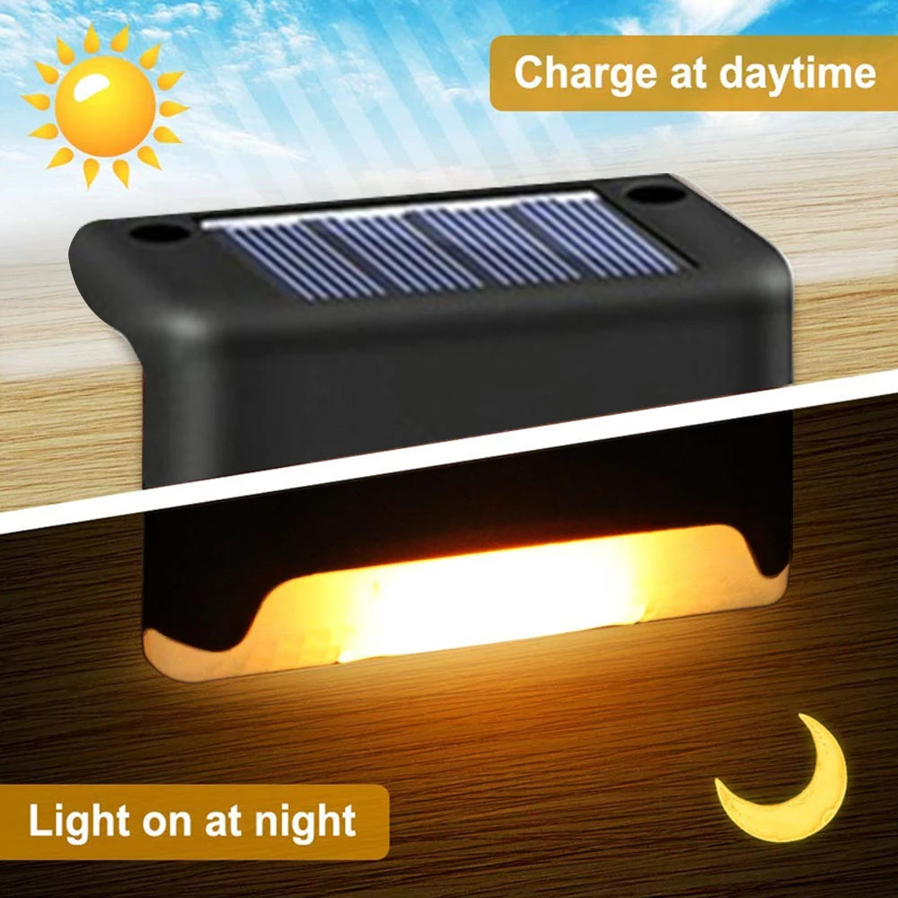 Solar deck light with warm and white lights, waterproof and warrantied, suitable for various outdoor uses.